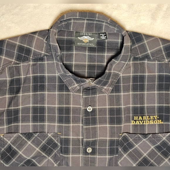 Harley Davidson Short Sleeve Button Up Shirt 3XL Black  Plaid With Flaming Skull - Picture 2 of 12